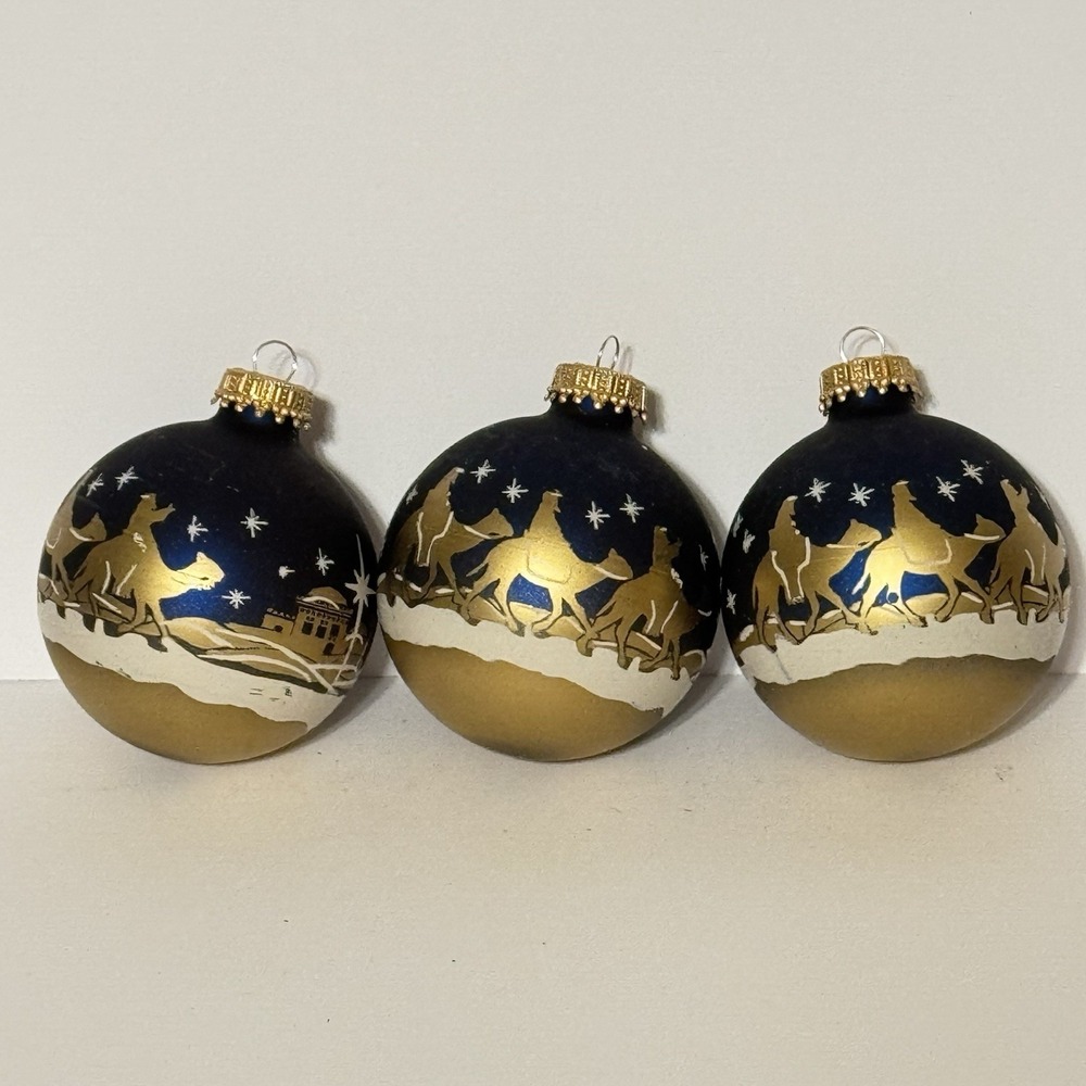 Set Of 3 Nativity Scene Wisemen Blue Glass Christmas Tree Bulb Ornaments